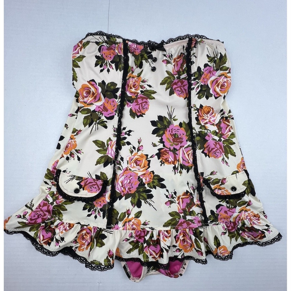 BETSEY JOHNSON One-Piece Skirted Corset Floral Cream Pink Black Lace Bows Small - Picture 2 of 12